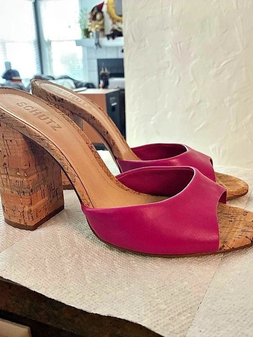 Schutz Pink Cork Heel Mules